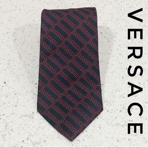 Versace Red Navy Blue Checkered Greek Key Silk Tie